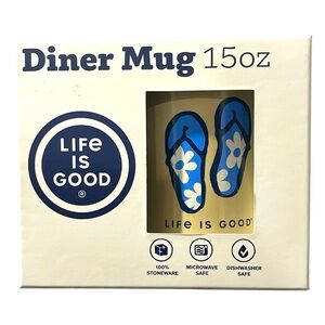 Life is Good Flop Flops Diner Mug 15oz Stoneware Flip Flops Flowers Blue 🩴🩴